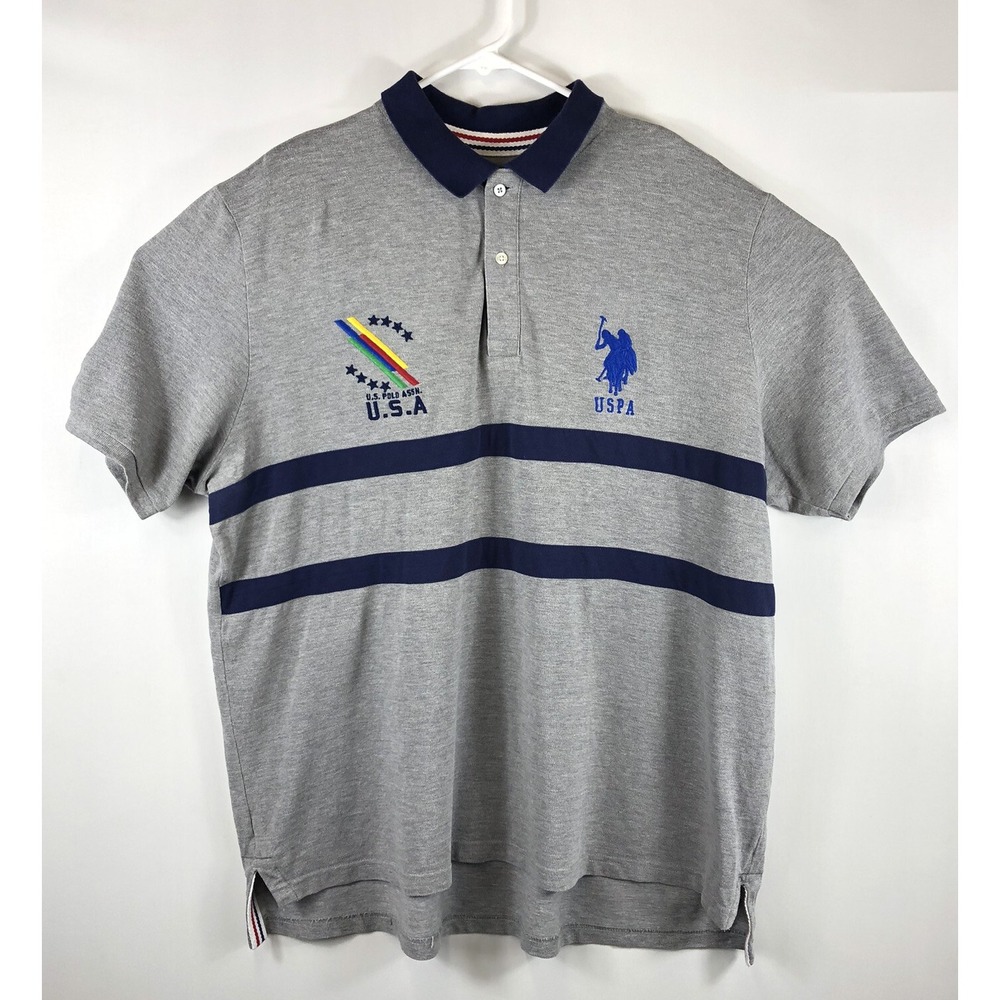 US‎ Polo Assn USPA Men's 2XL Grey Striped Short Sleeve Blue Pony Logo USA Flag